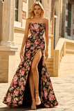 Noir Rose Floral Sirène Sans Bretelle Corset Longue Robe de Bal Avec Fente