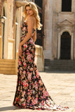 Noir Rose Floral Sirène Sans Bretelle Corset Longue Robe de Bal Avec Fente