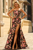 Noir Rose Floral Sirène Sans Bretelle Corset Longue Robe de Bal Avec Fente