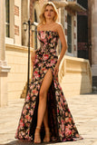 Noir Rose Floral Sirène Sans Bretelle Corset Longue Robe de Bal Avec Fente