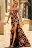 Noir Rose Floral Sirène Sans Bretelle Corset Longue Robe de Bal Avec Fente