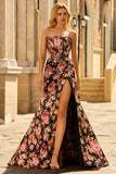 Noir Rose Floral Sirène Sans Bretelle Corset Longue Robe de Bal Avec Fente