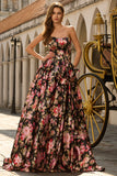 Robe longue de bal noire rose sans bretelles à motifs floraux avec nœud