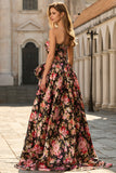 Robe longue de bal noire rose sans bretelles à motifs floraux avec nœud