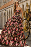 Robe longue de bal noire rose sans bretelles à motifs floraux avec nœud