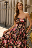 Robe longue de bal noire rose sans bretelles à motifs floraux avec nœud