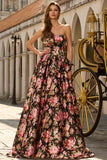 Robe longue de bal noire rose sans bretelles à motifs floraux avec nœud
