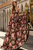 Robe longue de bal noire rose sans bretelles à motifs floraux avec nœud