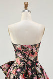 Robe de bal longue sans bretelles A Line à motif de fleurs roses blanches avec un nœud