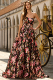 Robe longue de bal noire rose sans bretelles à motifs floraux avec nœud
