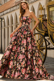 Robe longue de bal noire rose sans bretelles à motifs floraux avec nœud
