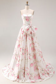 Robe de bal longue sans bretelles A Line à motif de fleurs roses blanches avec un nœud
