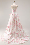 Robe de bal longue sans bretelles A Line à motif de fleurs roses blanches avec un nœud