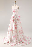 Robe longue de bal noire rose sans bretelles à motifs floraux avec nœud