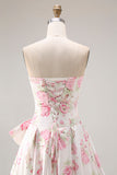Robe longue de bal noire rose sans bretelles à motifs floraux avec nœud