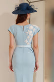 Robe Midi Mère De La Mariée Fourreau Appliques Bleu Clair