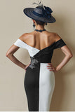 Noir et blanc Épaule Dénudée Midi Moulante Robe De La Mère De La Mariée Avec Fente