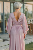 Dusty Rose Mousseline De Soie Col En V Ruché Longue Robe De La Mère De La Mariée Avec Demi-Manches