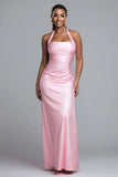 Robe longue formelle en satin rose licol