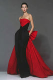 Robe formelle sirène noire et rouge sans bretelles avec noeud