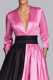 Robe formelle à manches longues à col en V noir et fuchsia
