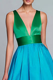 Robe formelle trapèze à col en V vert et bleu