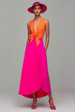 Orange et fuchsia Col en V Robe de cérémonie trapèze