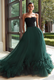 Tulle noir et vert Une ligne Robe longue formelle sans bretelles