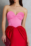Robe formelle midi fourreau en satin rouge et fuchsia