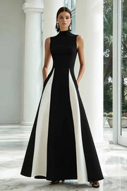 Élégante robe longue formelle trapèze noire et blanche à col haut