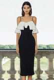 Robe formelle midi moulante à volants noir et blanc à épaules dénudées