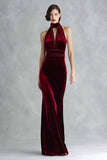 Robe longue formelle dos nu en velours bordeaux