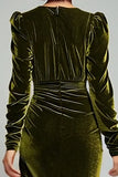 Robe longue formelle en velours froncé à col en V olive avec fente