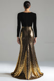 Robe formelle longue à manches dorée dorée et noire à col en V scintillant
