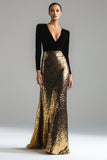 Robe formelle longue à manches dorée dorée et noire à col en V scintillant