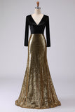 Robe formelle longue à manches dorée dorée et noire à col en V scintillant
