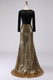 Robe formelle longue à manches dorée dorée et noire à col en V scintillant