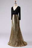 Robe formelle longue à manches dorée dorée et noire à col en V scintillant