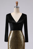Robe formelle longue à manches dorée dorée et noire à col en V scintillant