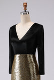 Robe formelle longue à manches dorée dorée et noire à col en V scintillant
