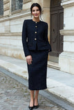 Tweed noir 2 pièces crayon manches longues robe de travail midi