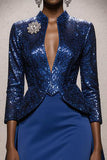 Robe longue sirène à paillettes à col haut bleu royal scintillant avec cape