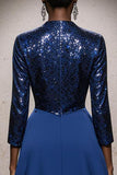 Robe longue sirène à paillettes à col haut bleu royal scintillant avec cape