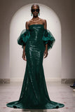 Robe longue sirène à paillettes vert foncé scintillante avec manches