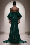 Robe longue sirène à paillettes vert foncé scintillante avec manches
