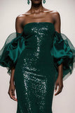 Robe longue sirène à paillettes vert foncé scintillante avec manches