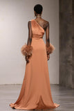 Robe longue sirène en satin orange à une épaule avec plumes