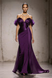 Robe longue sirène violet à épaules dénudées