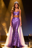 Robe longue deux pièces sirène à paillettes violettes scintillantes