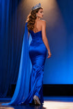 Robe longue Pageant en satin bleu royal sirène chérie avec cape